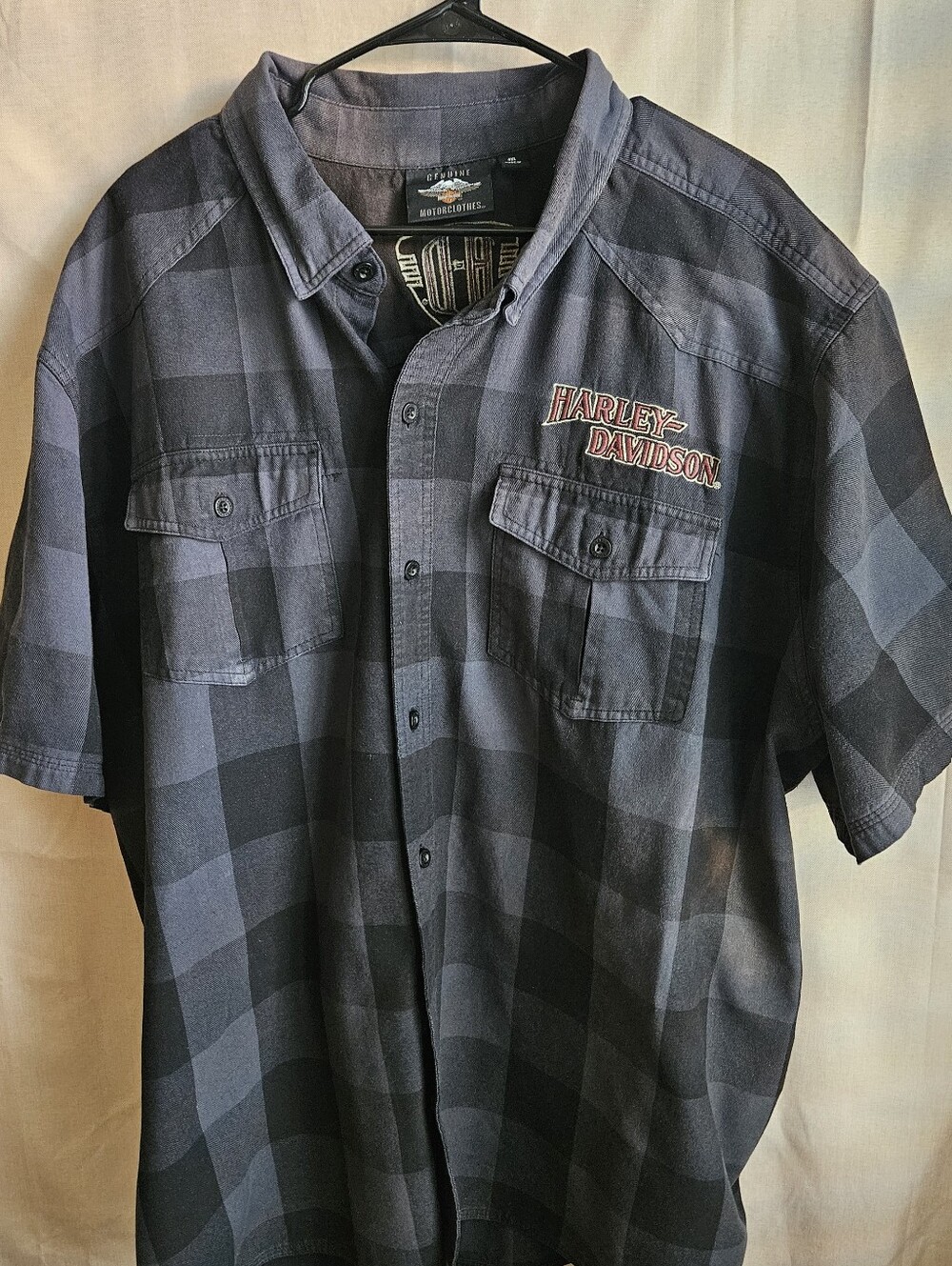 Harley-Davidson Black and Gray Plaid Short Sleeve Button-Down Shirt